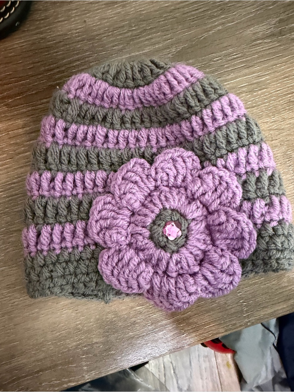 Handmade Kids Crochet Beanie with Flower - Purple and Gray